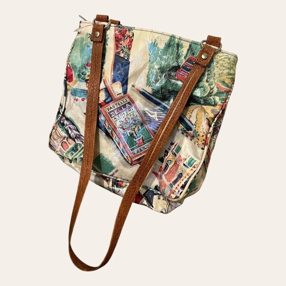 Unique vintage vinyl colored pencil illustrated European scenery artist purse - Picture 1 of 8